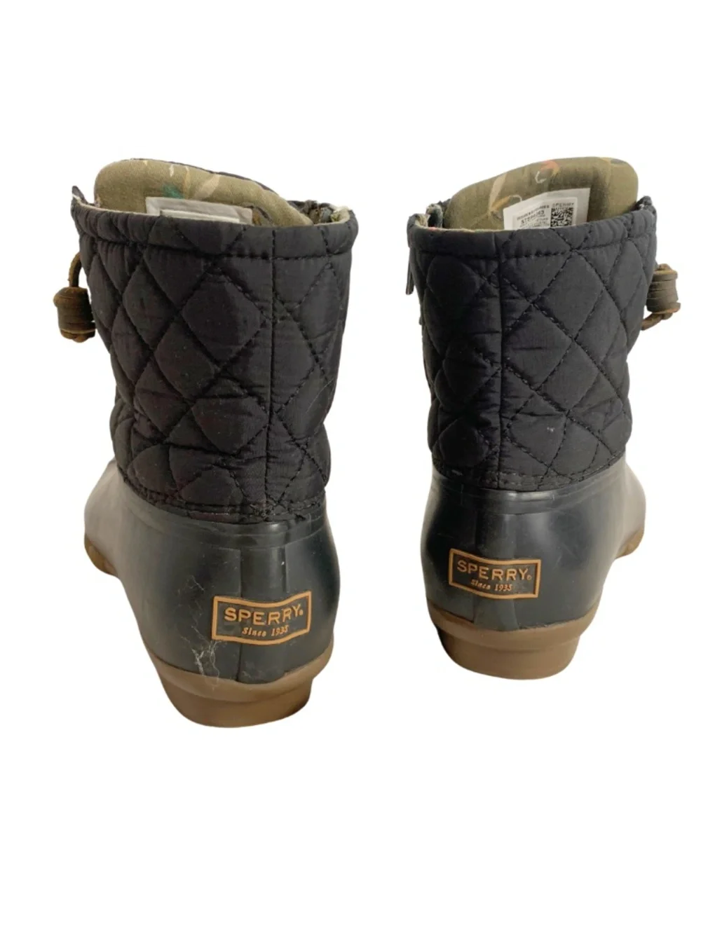 Sperry Black Quilted Rain Duck Boots Brown Sole and Tan Laces Womens 7.5 Outdoor